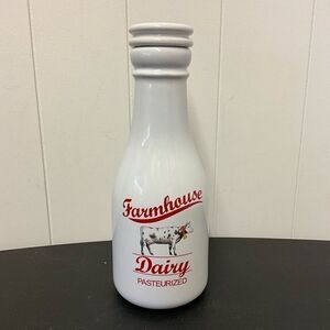 Farmhouse Dairy Milk Bottle with Lid White Red Writing Mary Lake Thompson